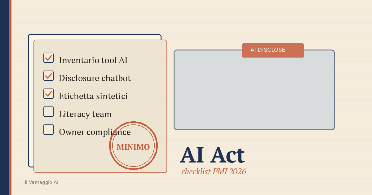 Illustrazione vintage: checklist con timbro MINIMO e etichetta trasparente AI DISCLOSE su carta cream, palette navy e terracotta, titolo serif AI Act
