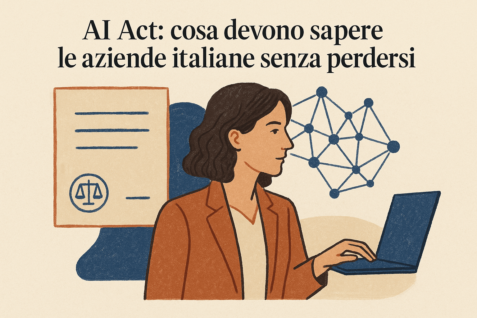 Illustrazione editoriale su AI Act europeo e aziende italiane