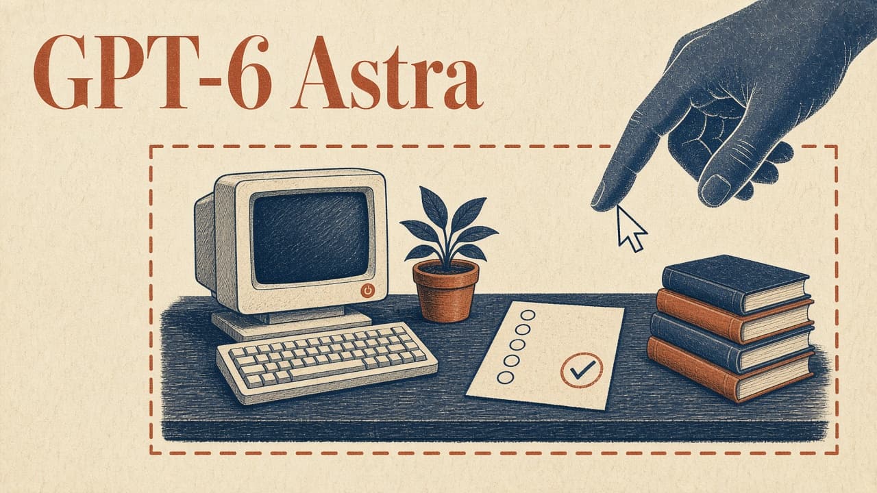Illustrazione vintage: desktop in un perimetro tratteggiato e un cursore guidato dall’esterno, metafora di computer use con limiti chiari