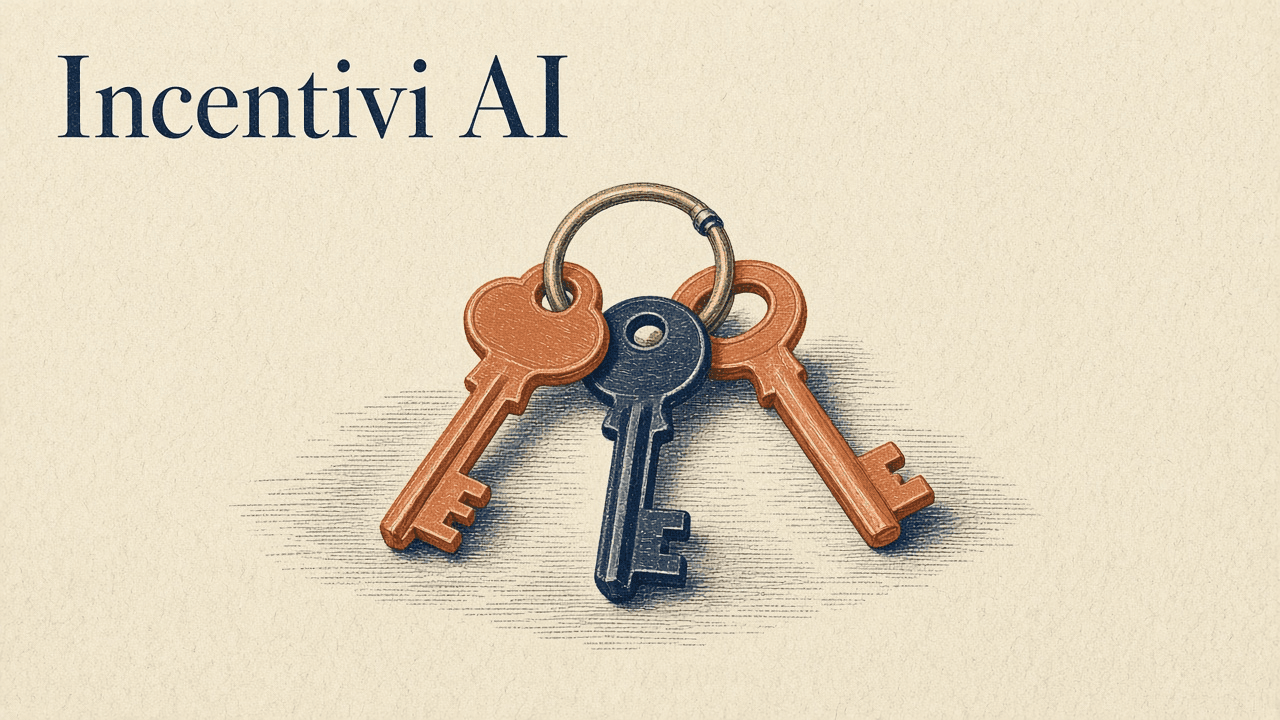 Illustrazione vintage: un mazzo di tre chiavi, due terracotta e una navy, su carta cream con titolo serif Incentivi AI