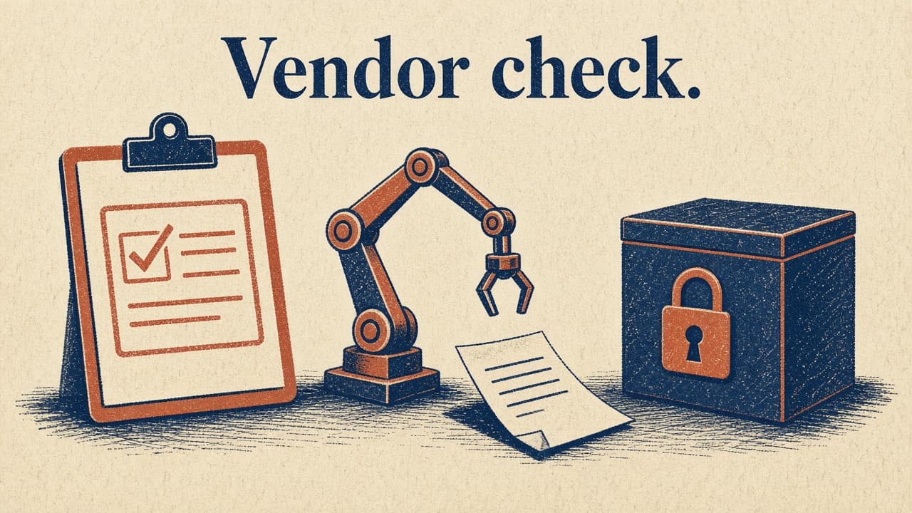 Illustrazione vintage: checklist vendor e file fuori da una scatola chiusa, su carta cream con palette navy e terracotta