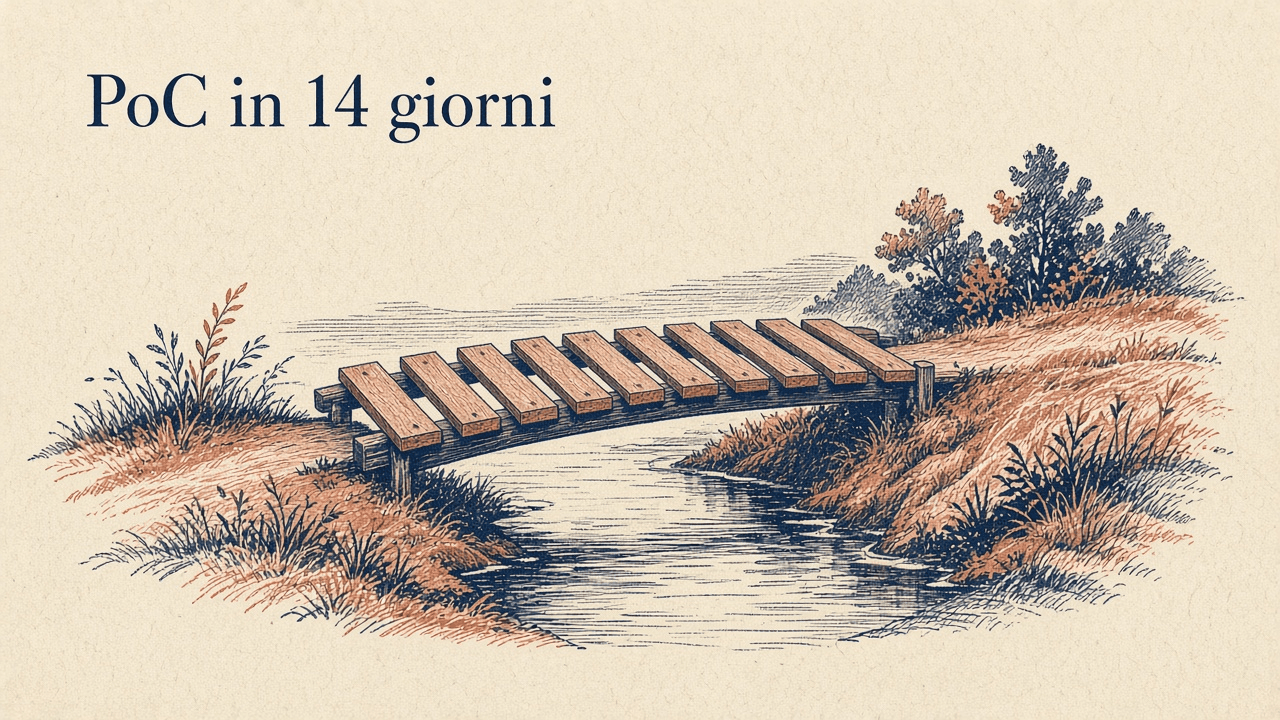 Illustrazione vintage su carta cream: un piccolo ponte di legno a quattordici assi sopra un ruscello, palette terracotta e navy, titolo serif PoC in 14 giorni