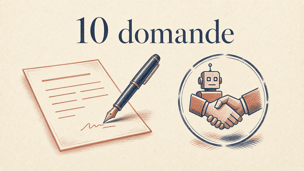 Illustrazione vintage: penna che firma un contratto e stretta di mano con robot, carta cream, palette navy e terracotta, titolo 10 domande