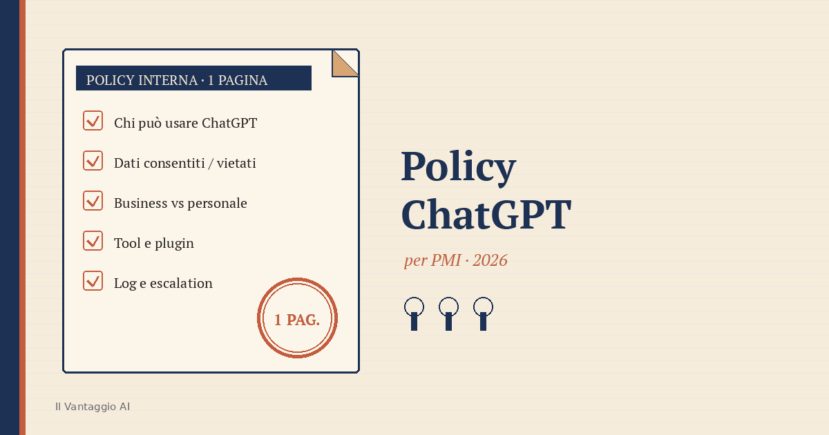 Illustrazione vintage: documento policy di una pagina con checklist e timbro 1 PAG., palette cream navy terracotta, titolo serif Policy ChatGPT