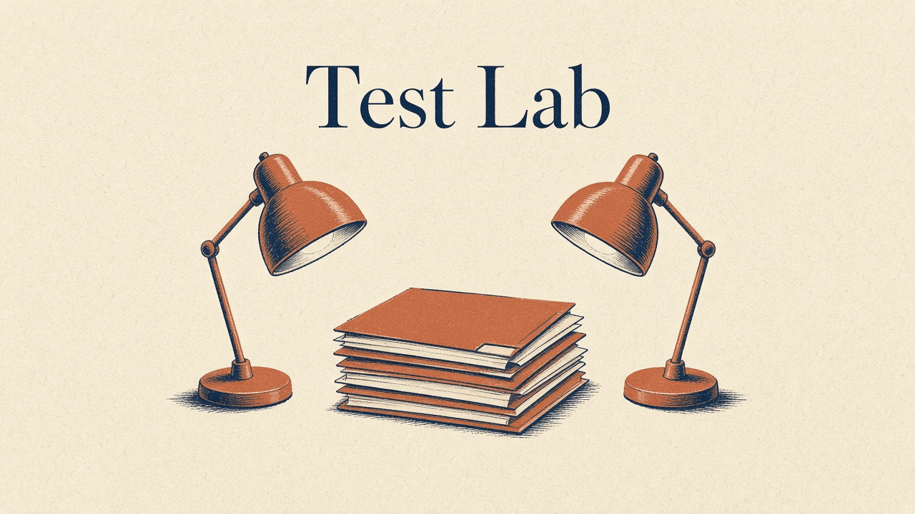 Illustrazione vintage: due lampade da scrivania illuminate una pila di cartelle, carta cream, palette navy e terracotta, titolo Test Lab