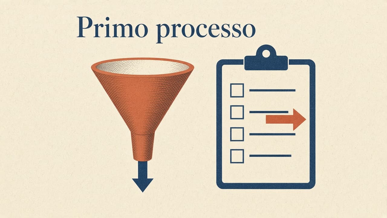 Illustrazione vintage: shortlist di processi PMI con timbro PRIMO su Fatture PDF, palette cream navy terracotta, titolo serif Primo processo
