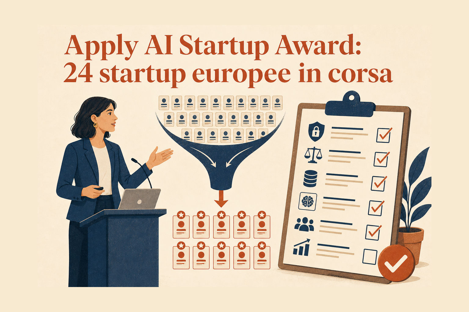 Una fondatrice presenta una startup AI mentre 24 candidature convergono verso dieci finaliste e una checklist di valutazione.