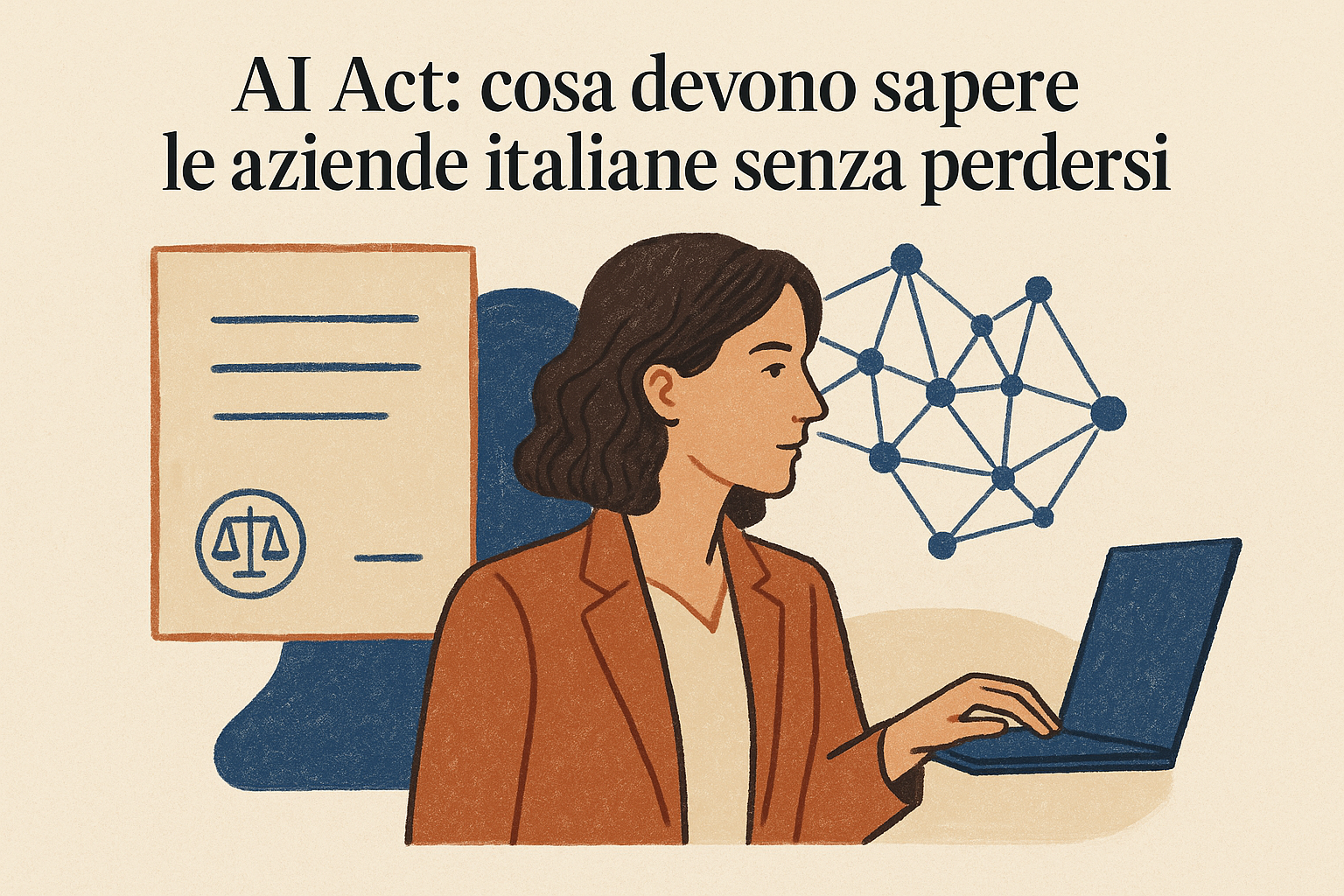 Illustrazione editoriale su AI Act europeo e aziende italiane