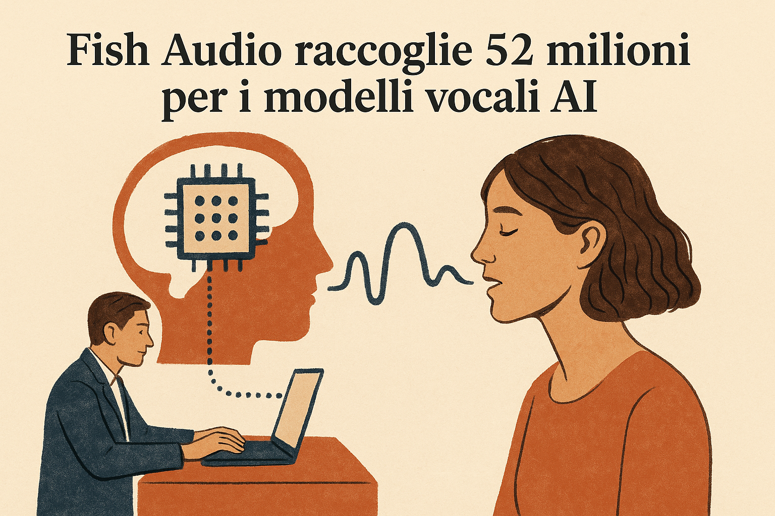 Illustrazione editoriale di un’onda sonora che si dirama verso customer care, contenuti e assistenti vocali