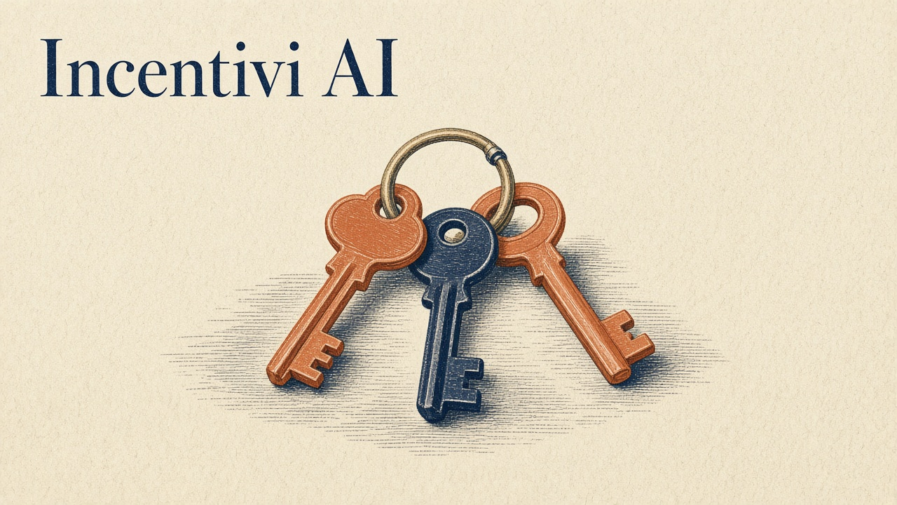 Illustrazione vintage: un mazzo di tre chiavi, due terracotta e una navy, su carta cream con titolo serif Incentivi AI