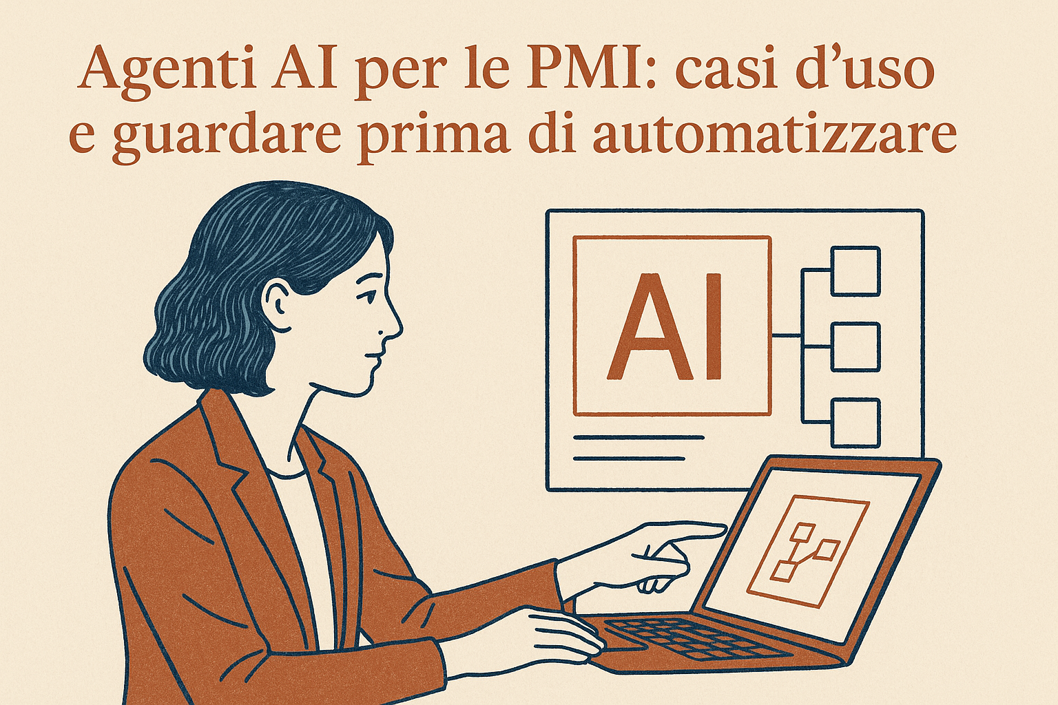 Illustrazione editoriale di agenti AI applicati ai processi di una PMI italiana