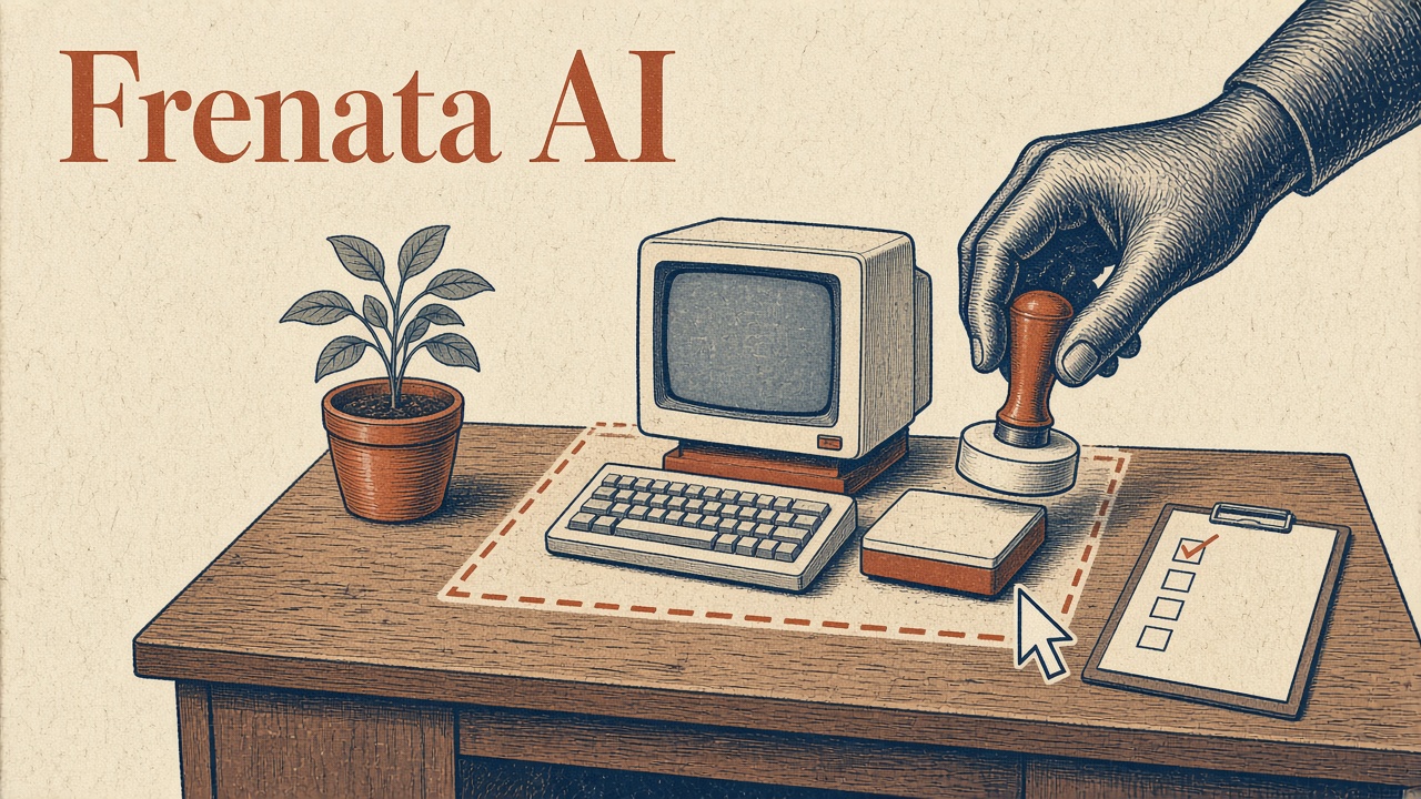 Illustrazione vintage: una mano frena un cursore davanti a un perimetro tratteggiato su una scrivania aziendale