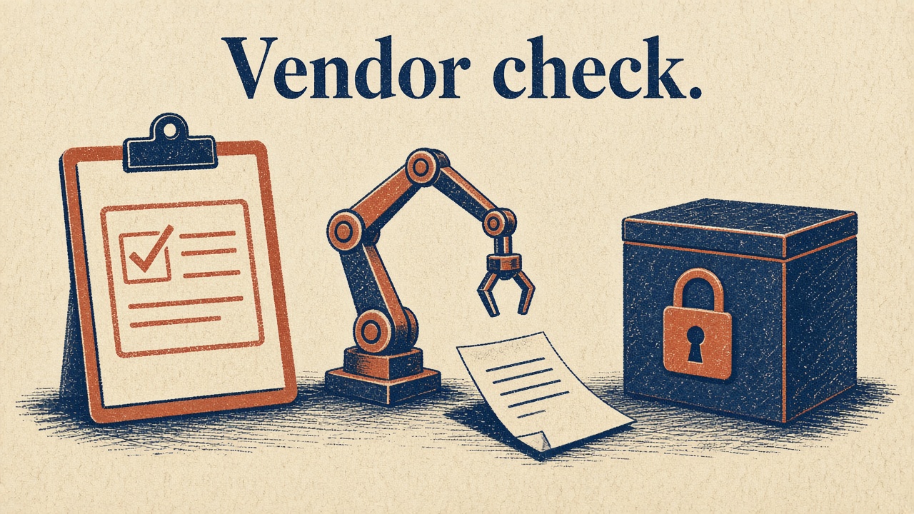 Illustrazione vintage: checklist vendor e file fuori da una scatola chiusa, su carta cream con palette navy e terracotta